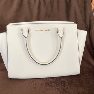 Michael Kors White Saffiano Satchel with Gold Hardware